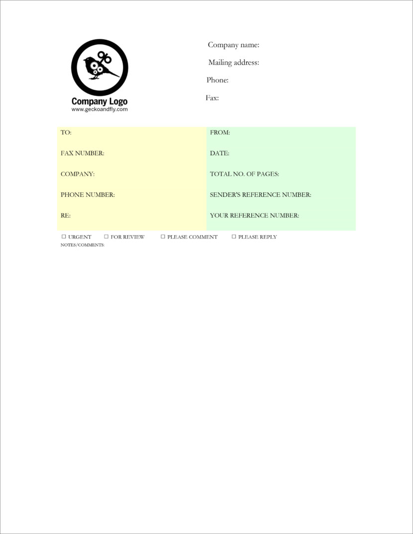 Screenshot of fax cover template in Microsoft Docx format