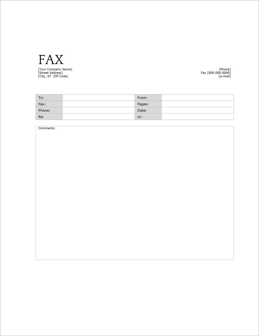 Screenshot of fax cover template in Microsoft Docx format