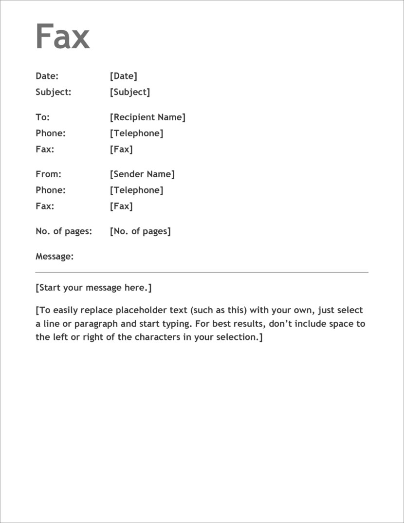 Screenshot of fax cover template in Microsoft Docx format