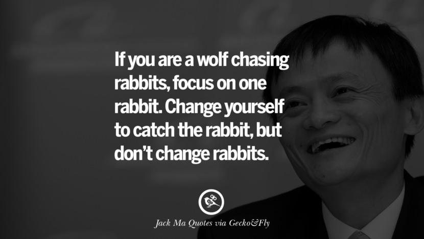 If you are a wolf chasing rabbits, focus on one rabbit. Change yourself to catch the rabbit, but don't change rabbits. Quote by Jack Ma