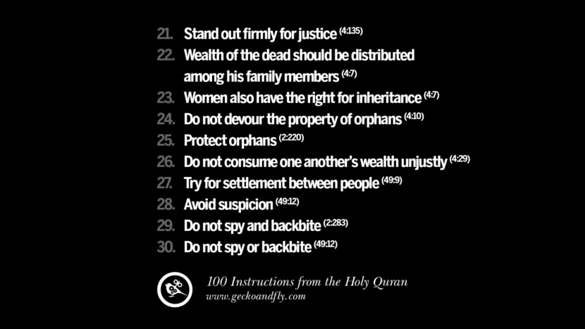 Stand out firmly for justice Wealth of the dead should be distributed among his family members Women also have the right for inheritance Do not devour the property of orphans Protect orphans Do not consume one another’s wealth unjustly Try for settlement between people Avoid suspicion Do not spy and backbite Do not spy or backbite Instructions By God In The Holy Quran For Mankind Muslim Islam Quotes