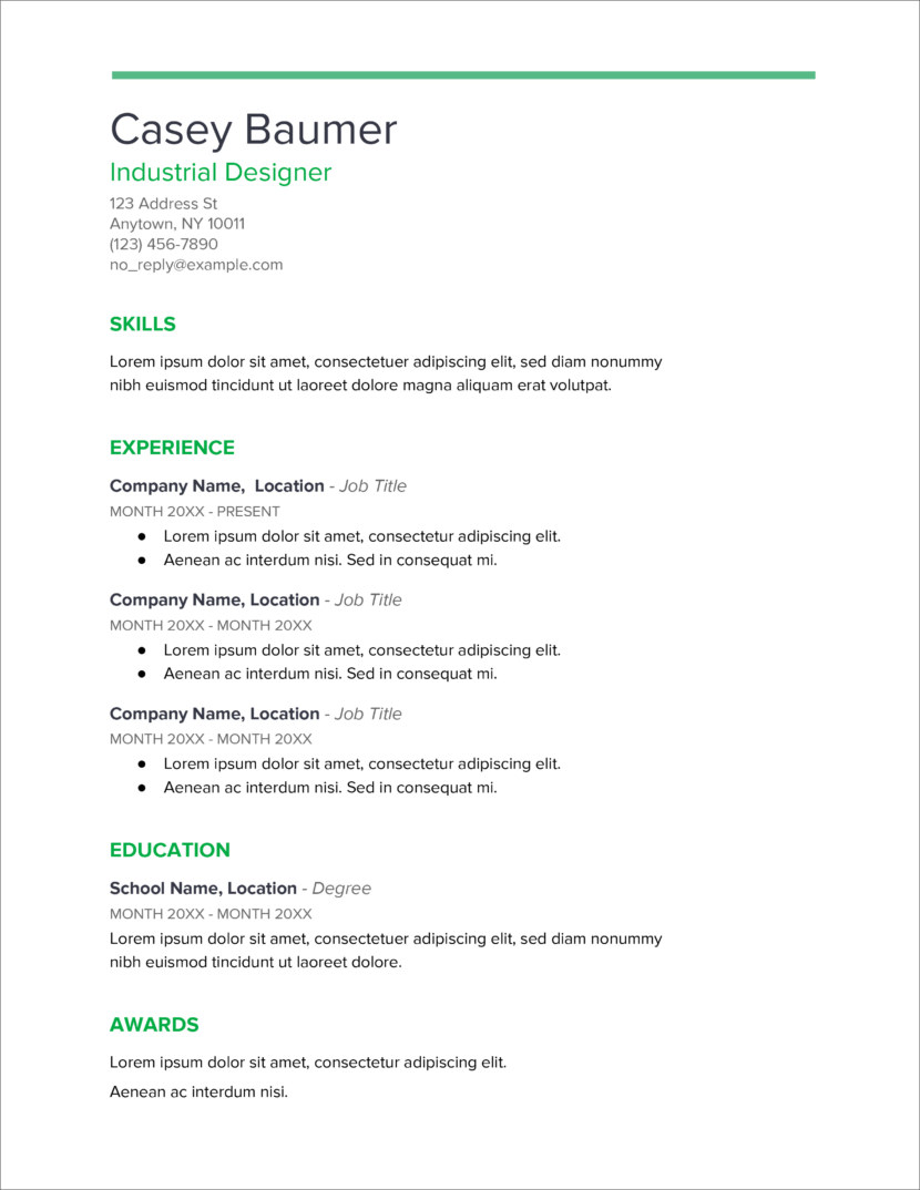 Screenshot of resume and CV template in Microsoft Office Docx format or Google Docs format that is available for download for free