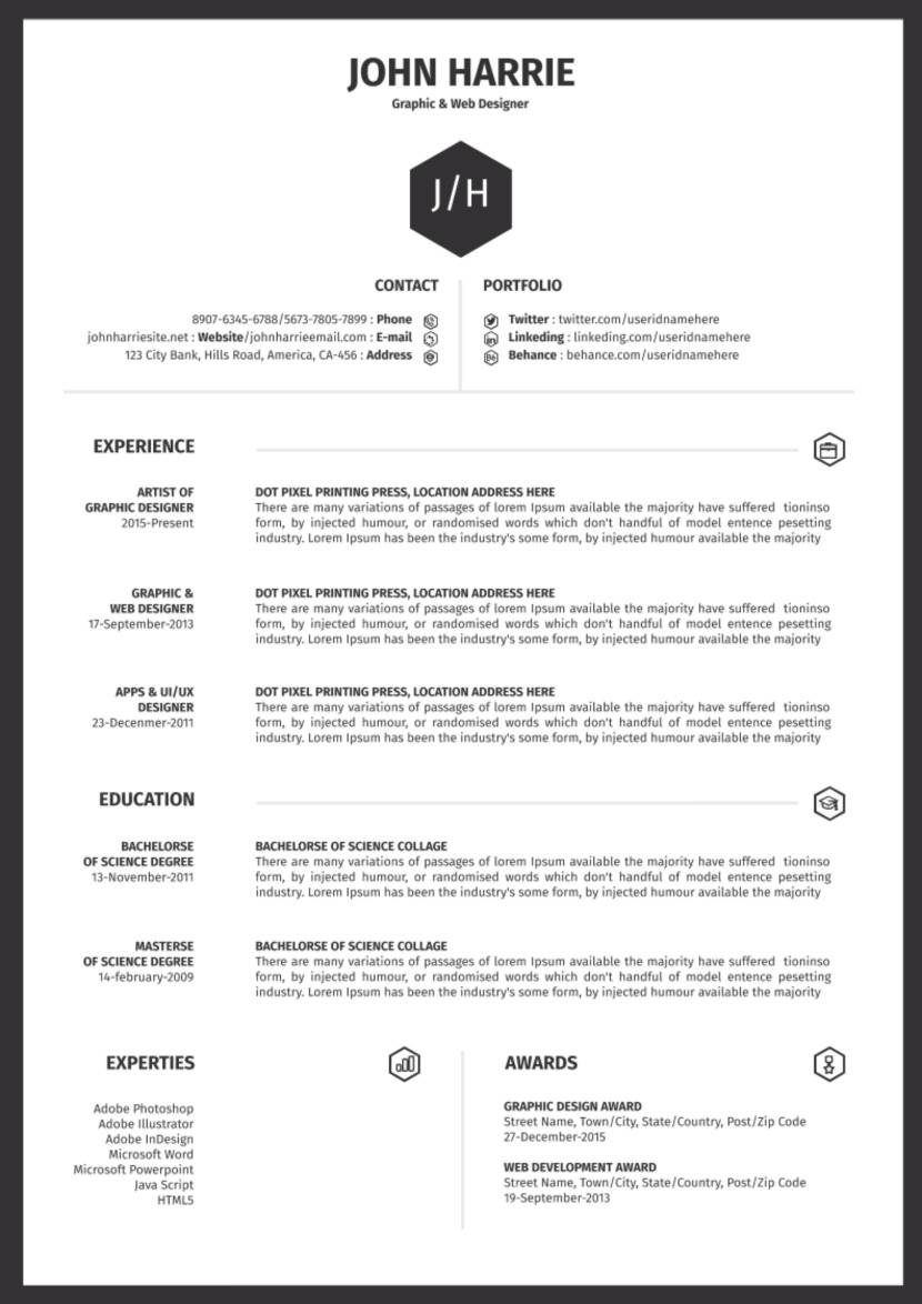 Screenshot of resume and CV template in Google Docs format that is available for online use and can be downloaded and converted into Microsoft DocX for free