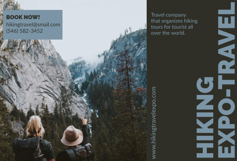 Screenshot of travel brochure template, outdoor adventure design