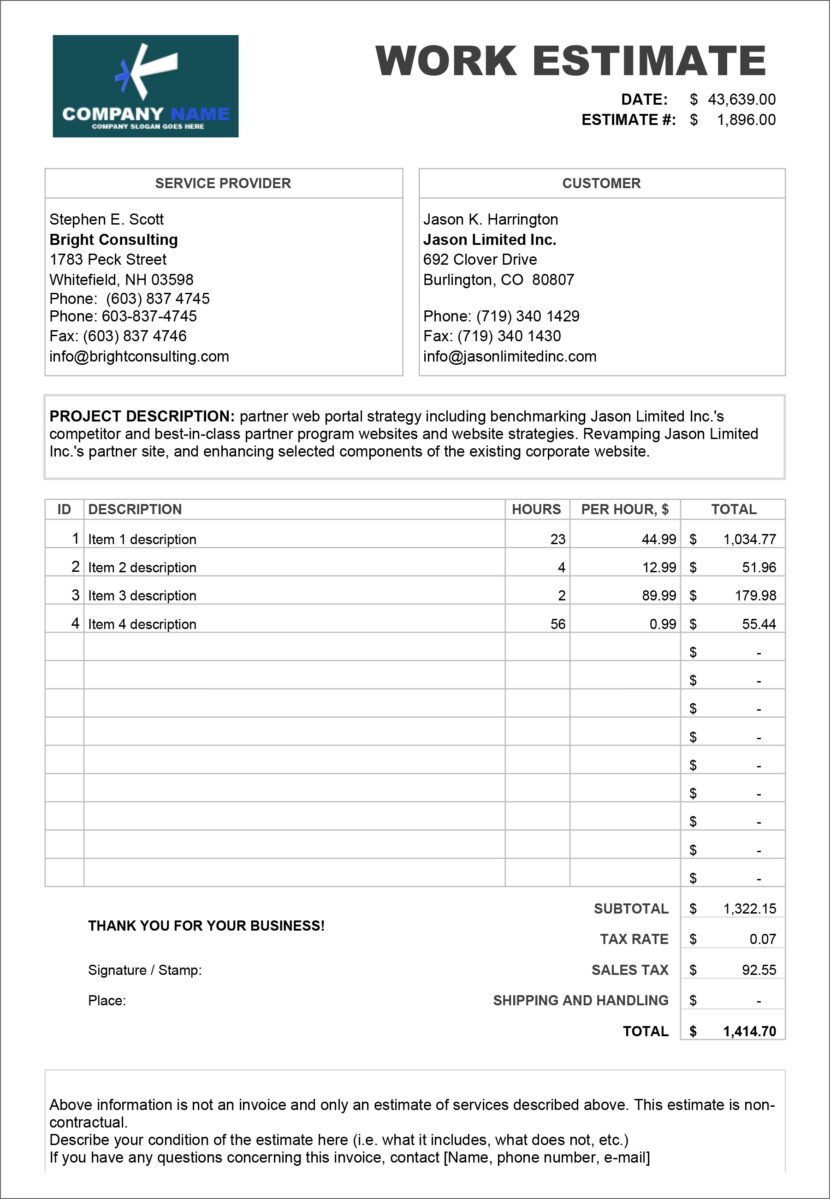 Screenshot of price estimation, service bids and sales quotation template in Microsoft Excel