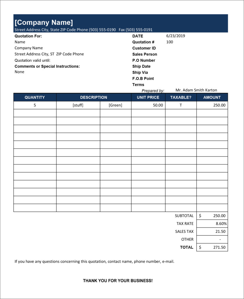 Screenshot of price estimation, service bids and sales quotation template in Microsoft Excel