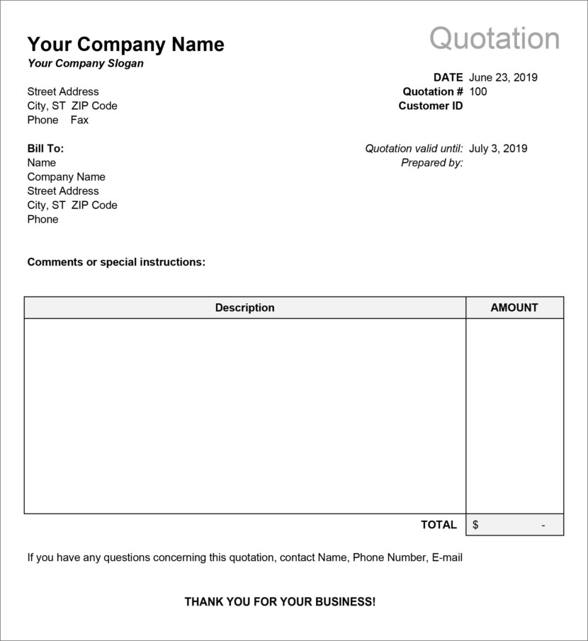 Screenshot of price estimation, service bids and sales quotation template in Microsoft Excel