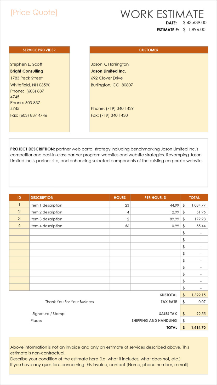 Screenshot of price estimation, service bids and sales quotation template in Microsoft Excel