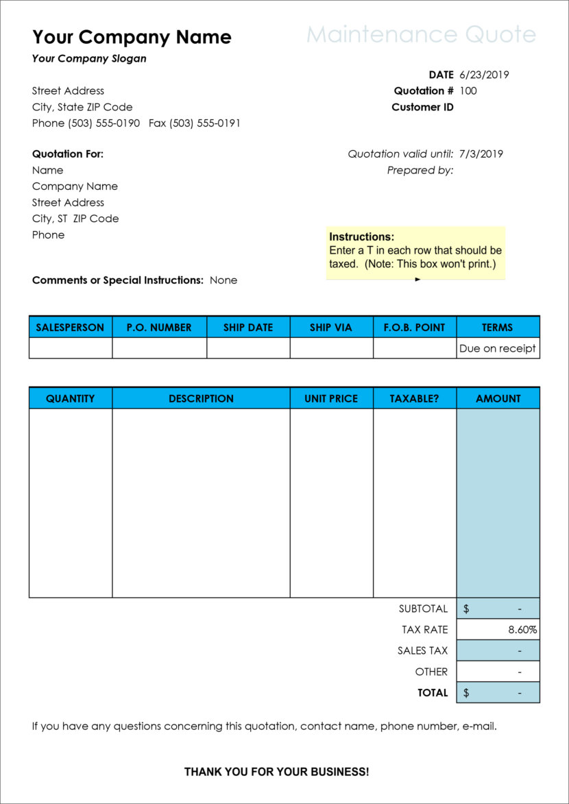 Screenshot of price estimation, service bids and sales quotation template in Microsoft Excel