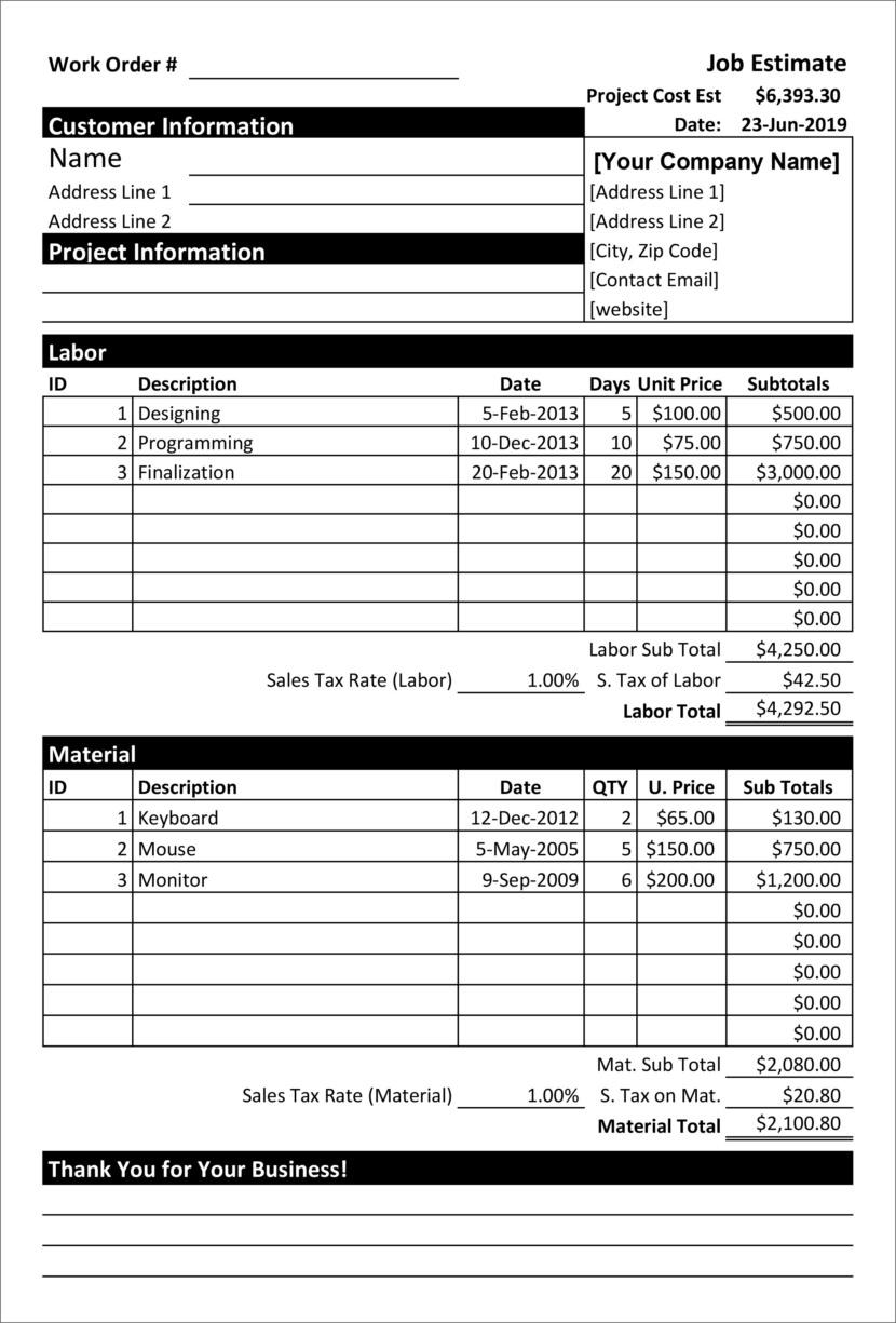 Screenshot of price estimation, service bids and sales quotation template in Microsoft Excel