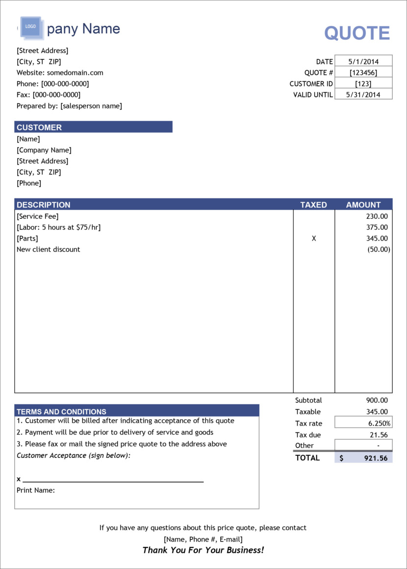 Screenshot of price estimation, service bids and sales quotation template in Microsoft Excel