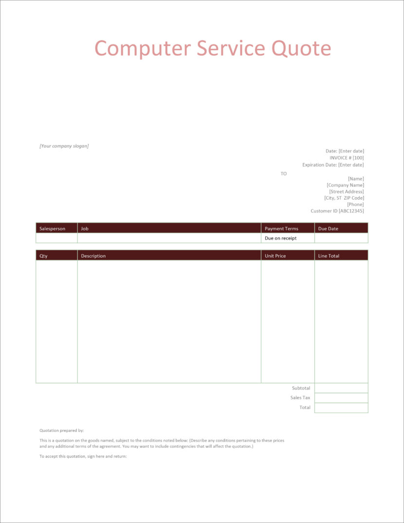 Screenshot of price estimation, service bids and sales quotation template in Microsoft Docs