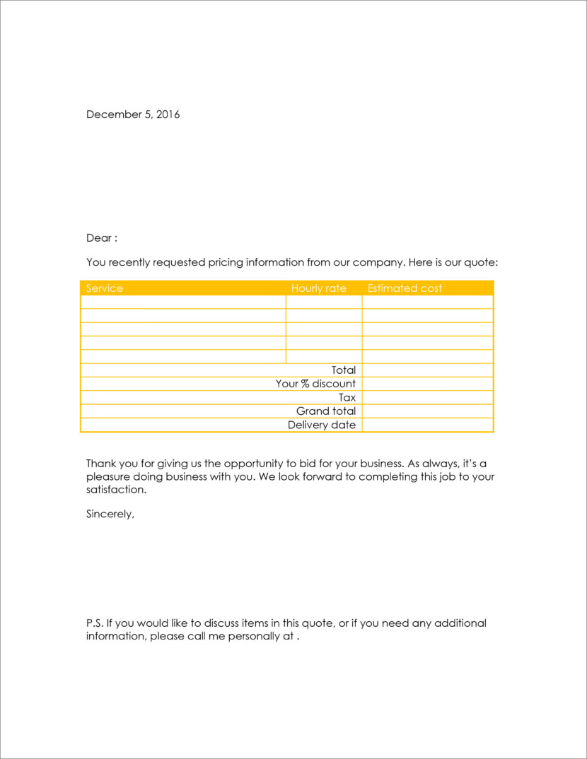 Screenshot of price estimation, service bids and sales quotation template in Microsoft Docs