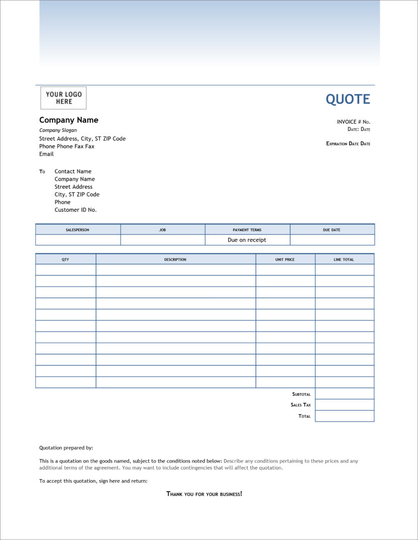 Screenshot of price estimation, service bids and sales quotation template in Microsoft Docs