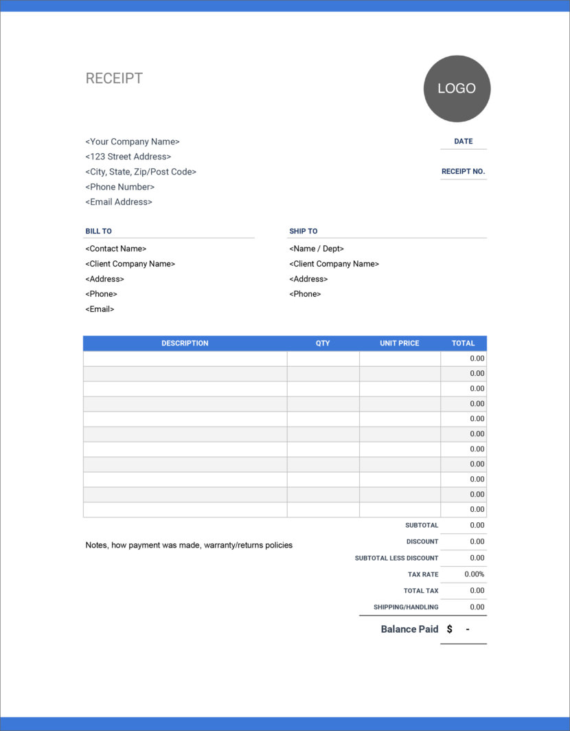 Screenshot of receipt template in Google Sheet, available online and downloadable in Excel format