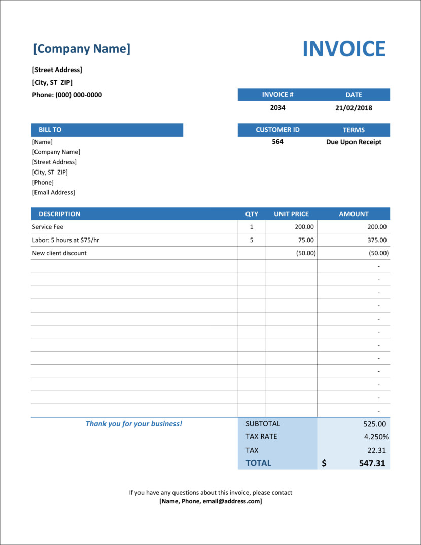Screenshot of invoice template available in Micosoft Excel, downloadable in Docx and Xlsx format
