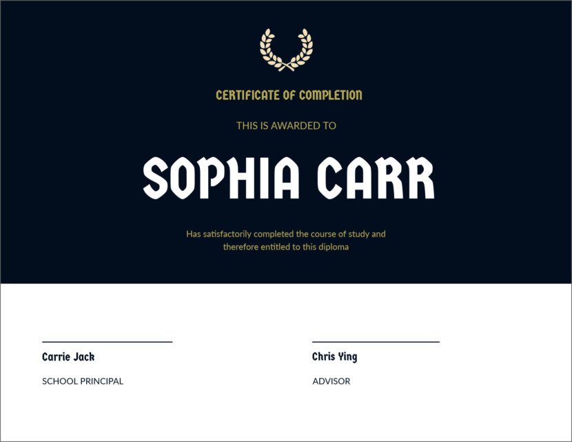 Screenshot of blank course completion certificate template