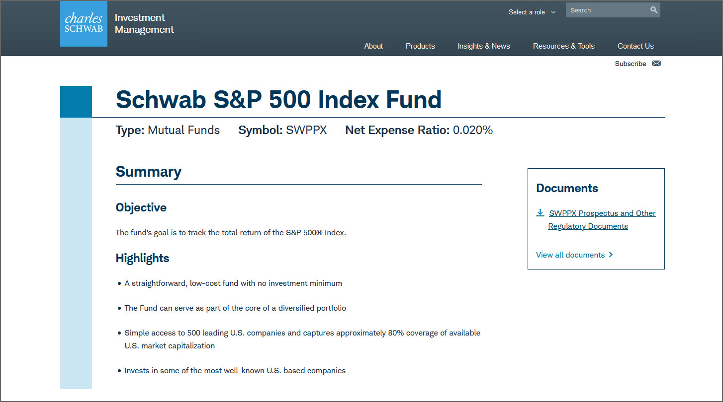 schwab s&p 500 index fund (swppx)