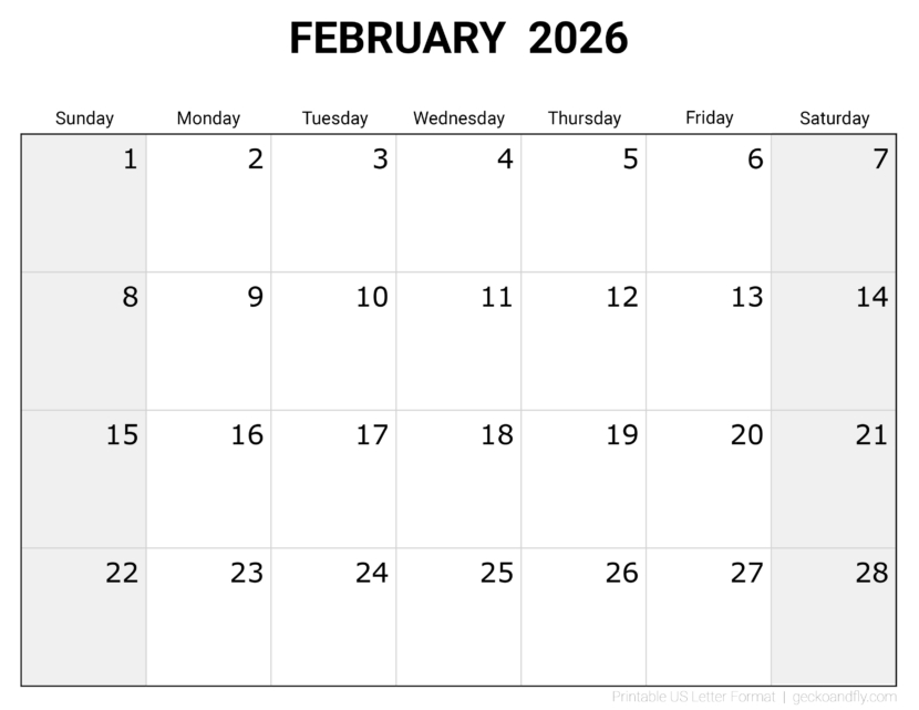 Download printable February 2026 blank monthly calendar