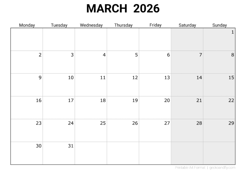 Download printable March 2026 blank monthly calendar