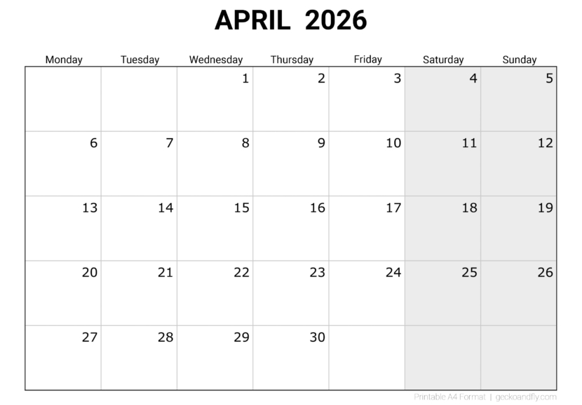 Download printable Aprily 2026 blank monthly calendar