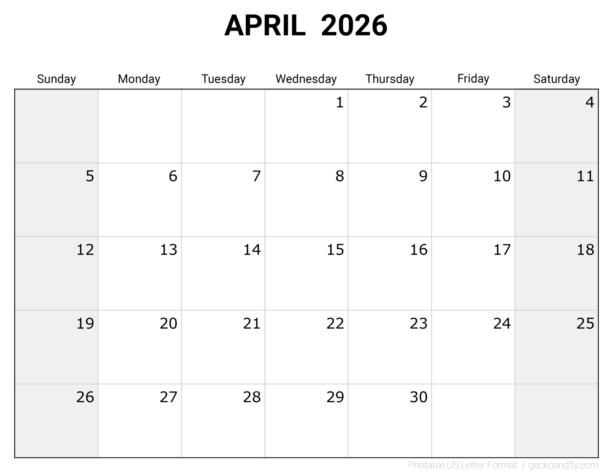 Free printable 2026 blank monthly calendar