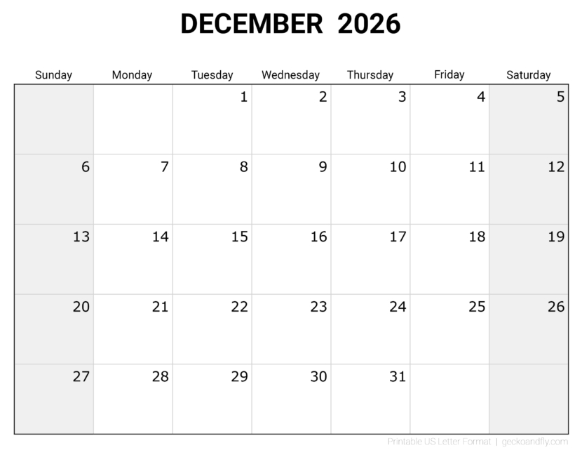 Download printable December 2026 blank monthly calendar
