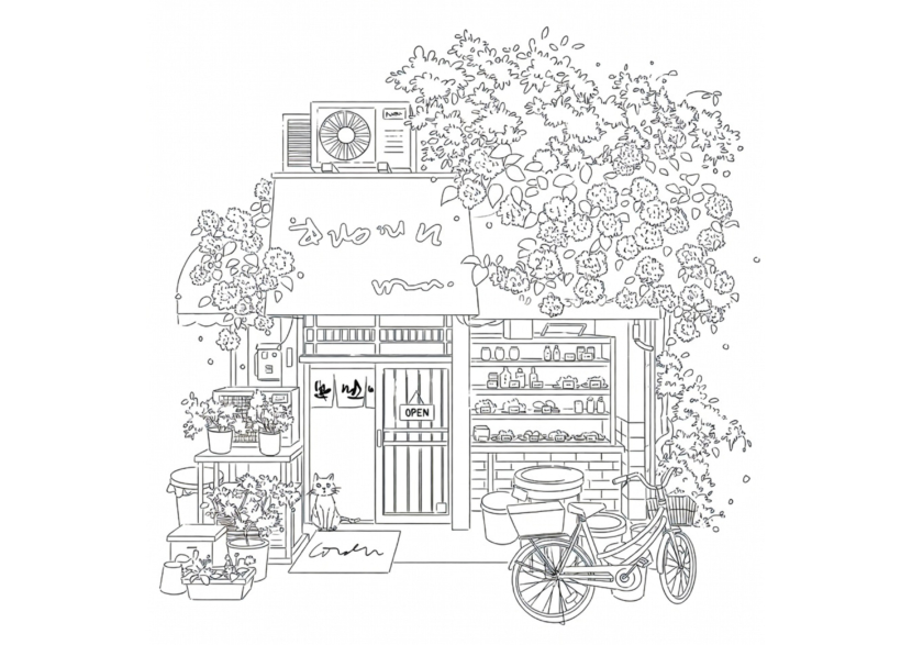 free printable adult coloring Sheet of Japanese store front
