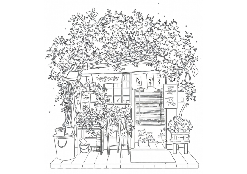 free printable adult coloring Sheet of Japanese store front