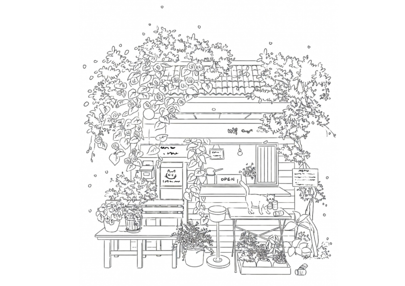 free printable adult coloring Sheet of Japanese store front