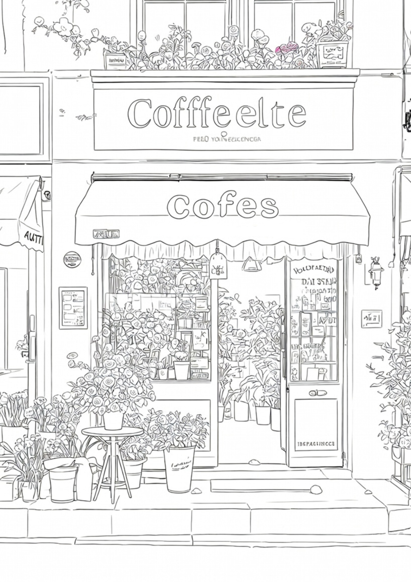 free printable adult coloring Sheet of coffee store front