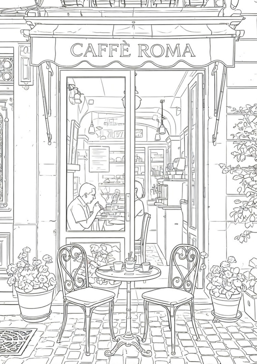 free printable adult coloring Sheet of Italy caffe store front