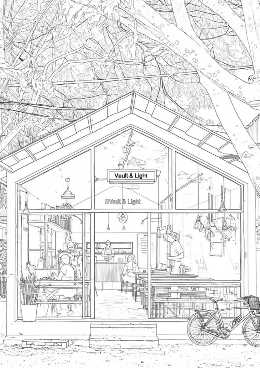 free printable adult coloring Sheet of restaurant store front