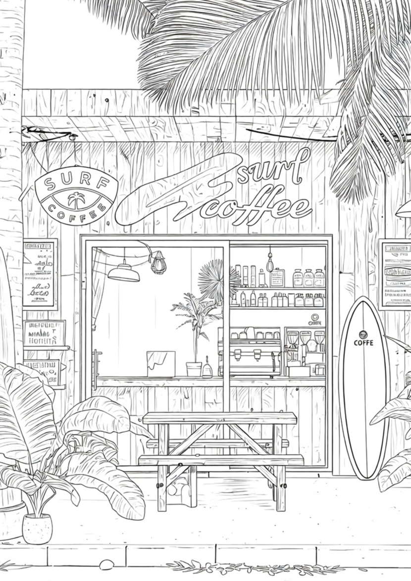 free printable adult coloring Sheet of beach cafe