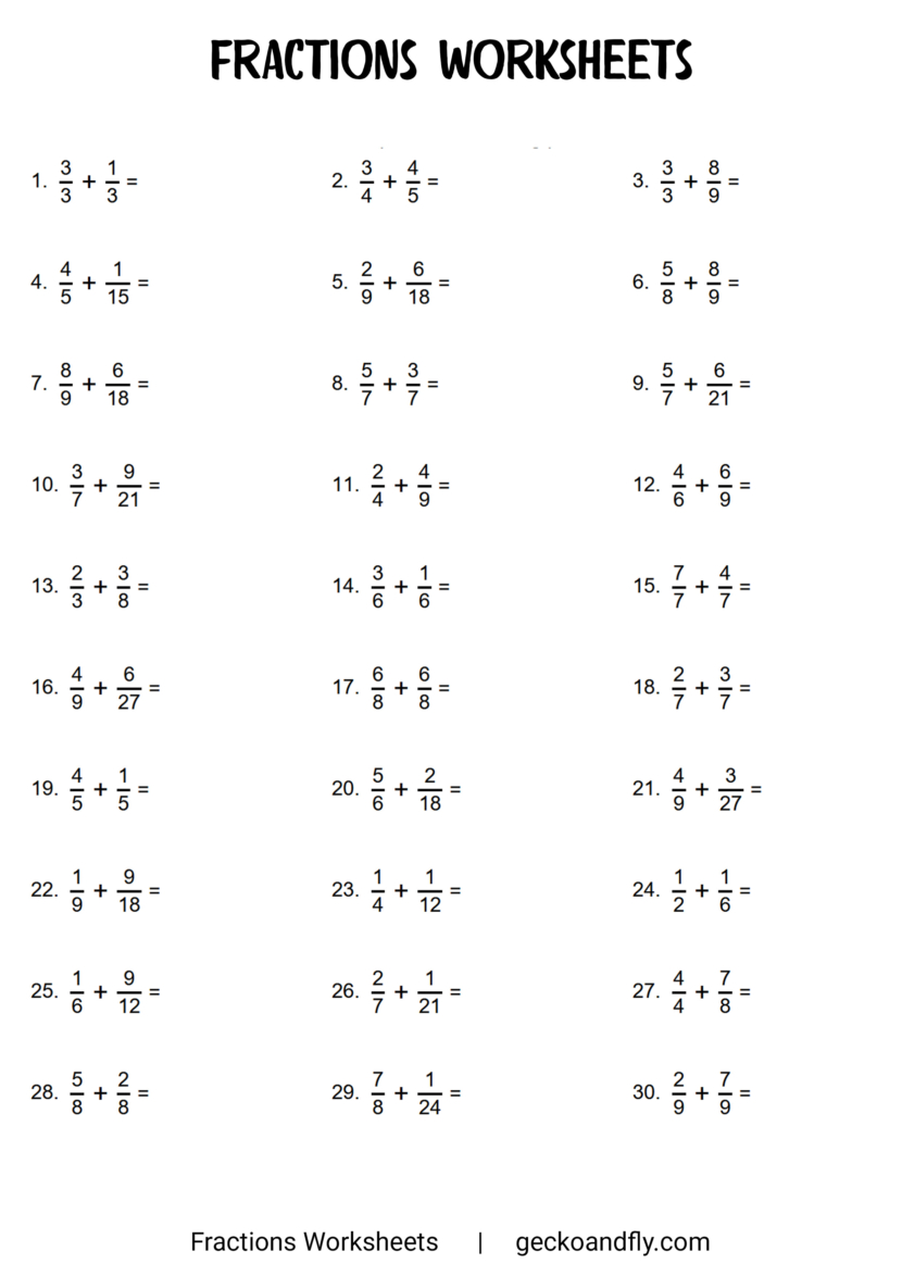 Free Printable Fractions Worksheets
